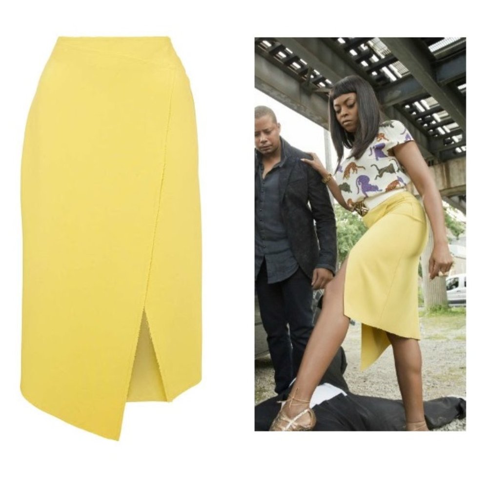 Topshop Yellow Crepe Faux Wrap Midi Skirt